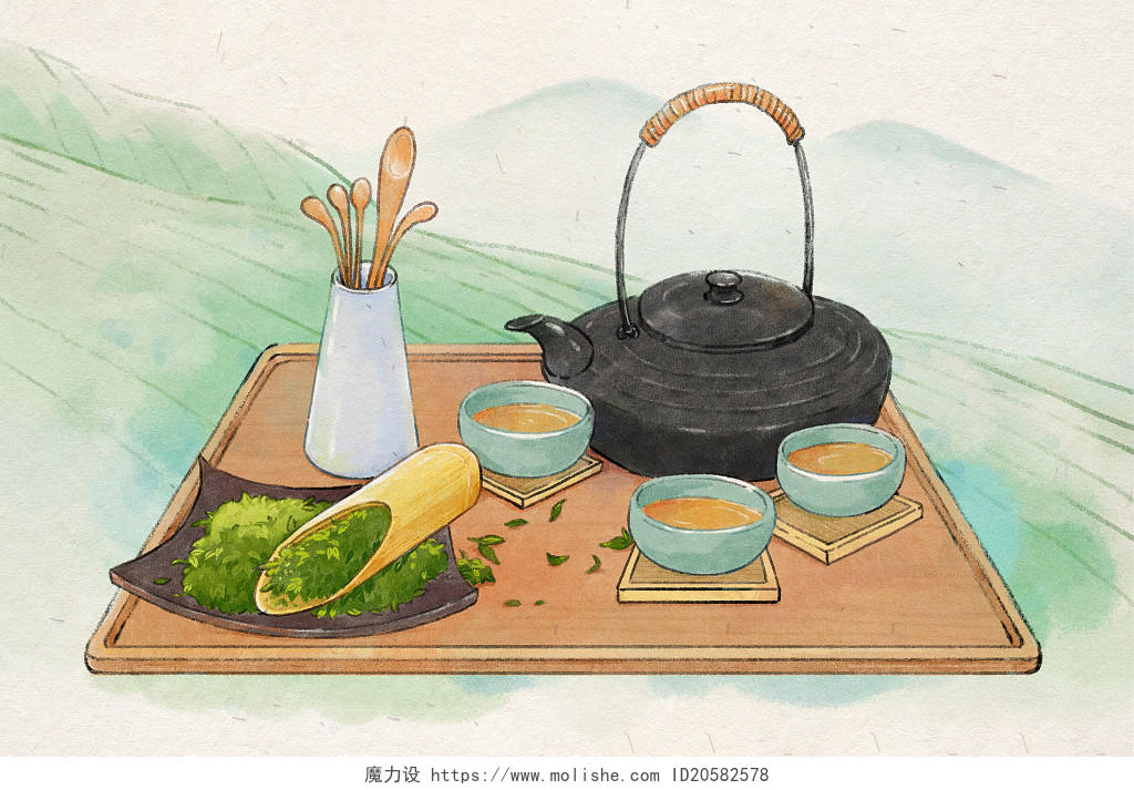 水彩国风茶壶茶杯茶叶水彩插画素材茶文化茶叶春茶